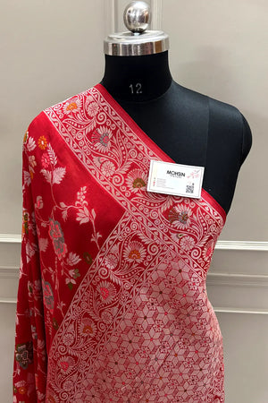 Red Zari Tussar Georgette Silk Banarasi Saree