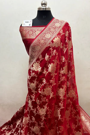 Red Zari Georgette Silk Banarasi Saree