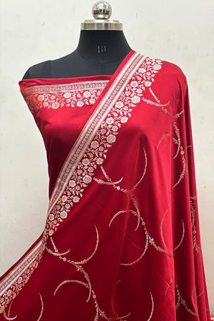 Red Zari Katan Mashru Silk Banarasi Saree