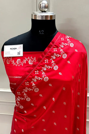 Red Zari Katan Mashru Silk Banarasi Saree