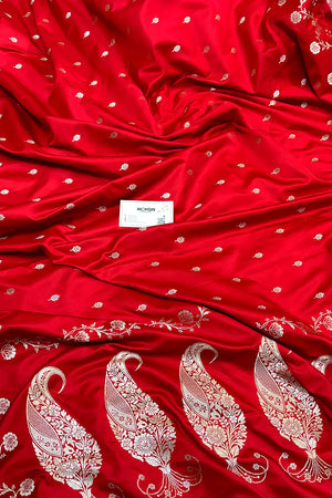 Red Zari Katan Mashru Silk Banarasi Saree