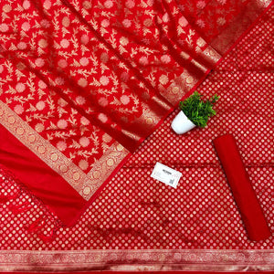 Red Zari Katan Silk Banarasi Suit