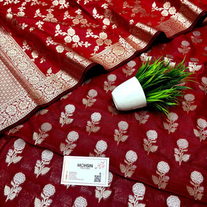 Red Zari Katan Silk Banarasi Suit