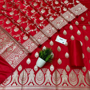 Red Zari Katan Silk Banarasi Suit