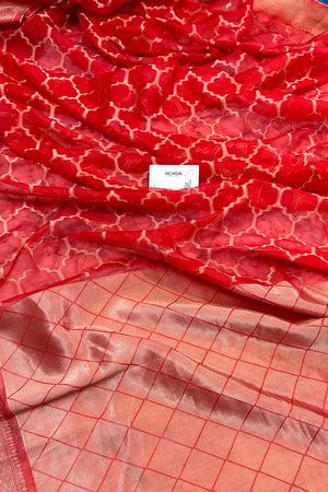Red Zari Organza Silk Banarasi Saree
