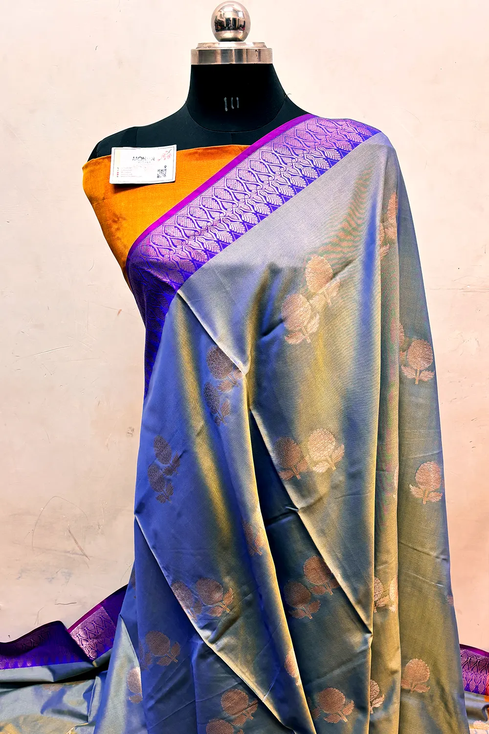 Royal Blue and Orange Zari Semi Katan Silk Banarasi Saree