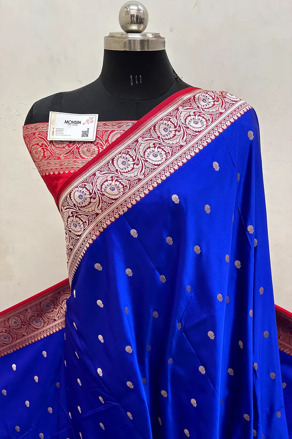 Royal Blue and Red Zari Katan Mashru Silk Banarasi Saree