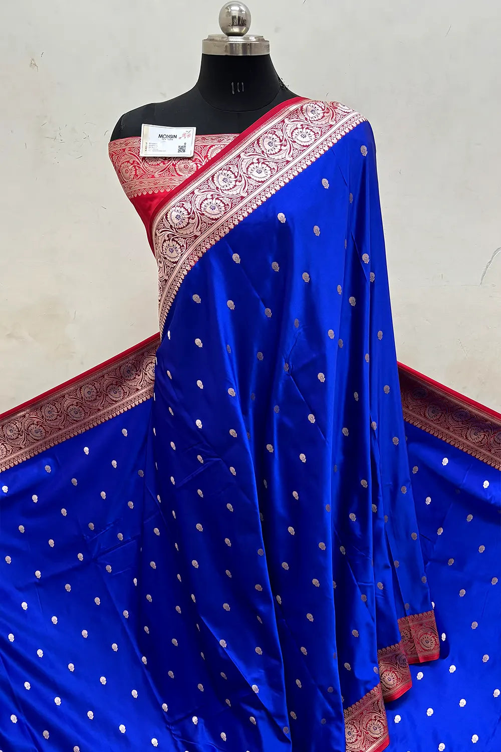 Royal Blue and Red Zari Katan Mashru Silk Banarasi Saree