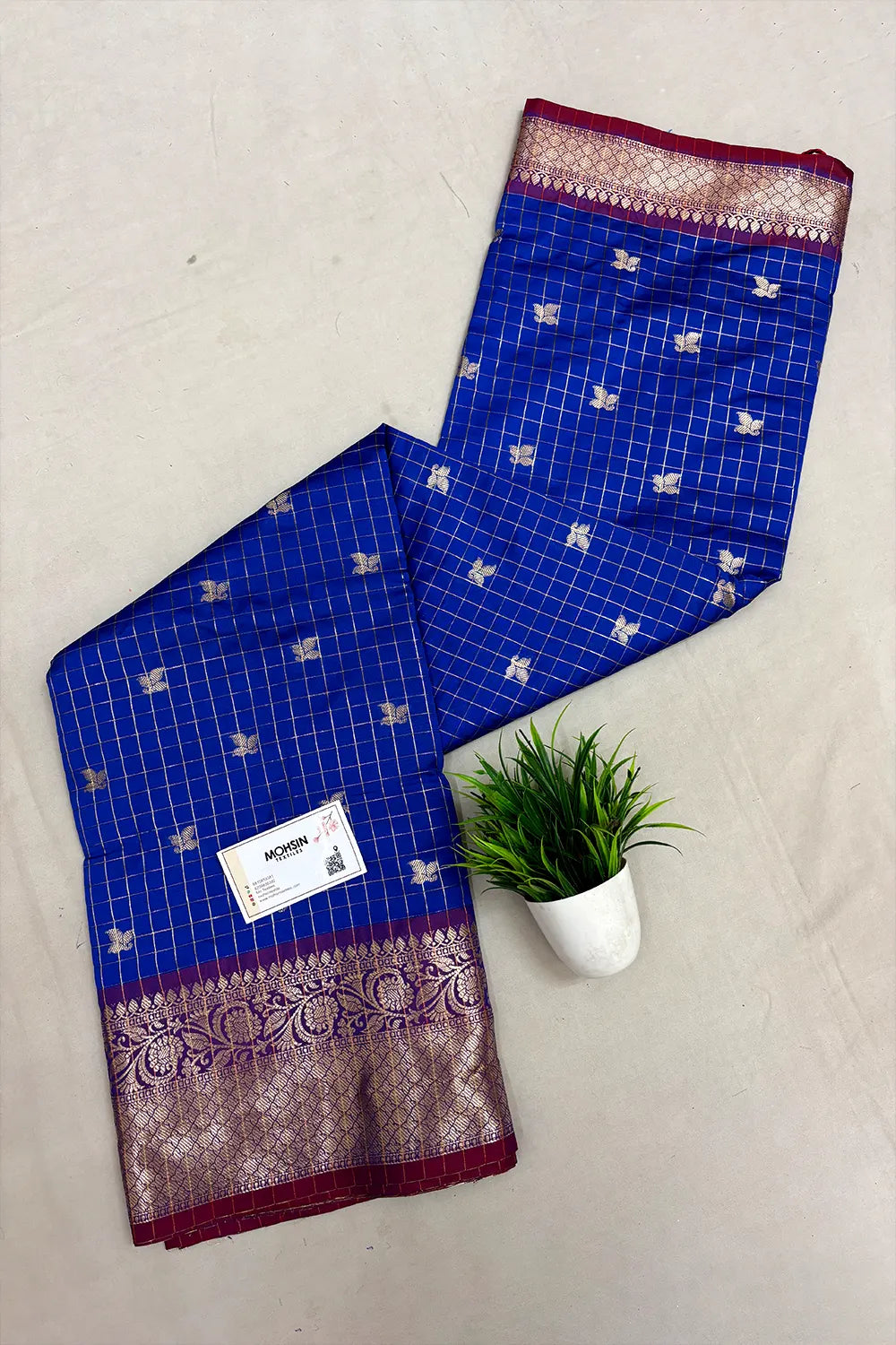 Royal Blue and Red Zari Semi Katan Silk Banarasi Saree