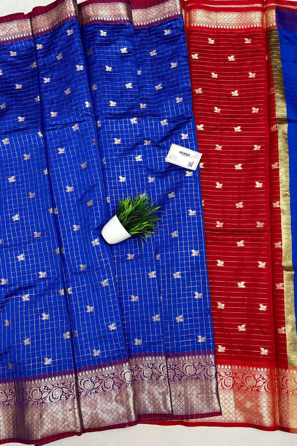 Royal Blue and Red Zari Semi Katan Silk Banarasi Saree