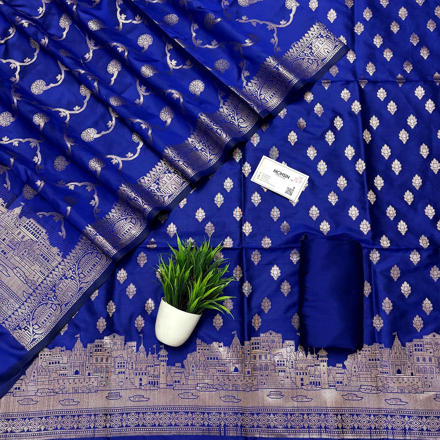 Royal Blue Assi Ghat Mandir Semi Katan Silk Banarasi Suit