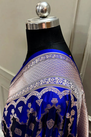 Royal Blue Navy Rangkaat Zari Katan Mashru Silk Banarasi Saree