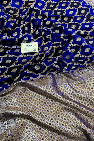 Royal Blue Navy Rangkaat Zari Katan Mashru Silk Banarasi Saree
