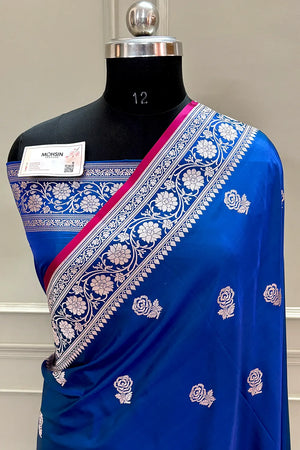 Royal Blue Rose Buti Katan Silk Banarasi Saree
