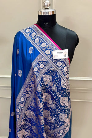 Royal Blue Rose Buti Katan Silk Banarasi Saree