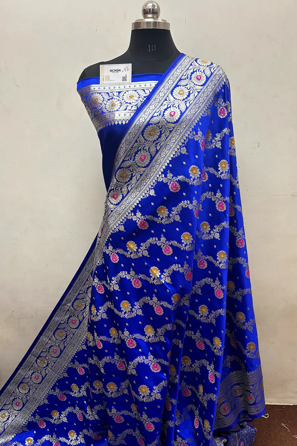 Royal Blue Zari Hand Brush Katan Satin Silk Banarasi Saree
