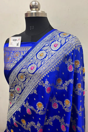 Royal Blue Zari Hand Brush Katan Satin Silk Banarasi Saree