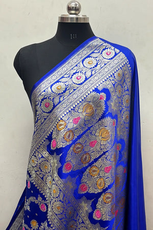 Royal Blue Zari Hand Brush Katan Satin Silk Banarasi Saree