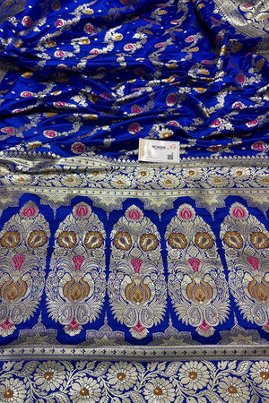 Royal Blue Zari Hand Brush Katan Satin Silk Banarasi Saree