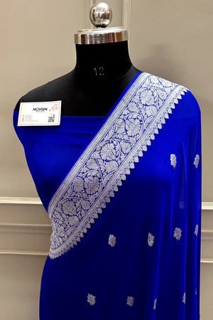 Royal Blue Handloom Pure Georgette Silk Banarasi Saree