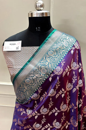 Royal Purple and Teal Zari Banarasi Silk Saree