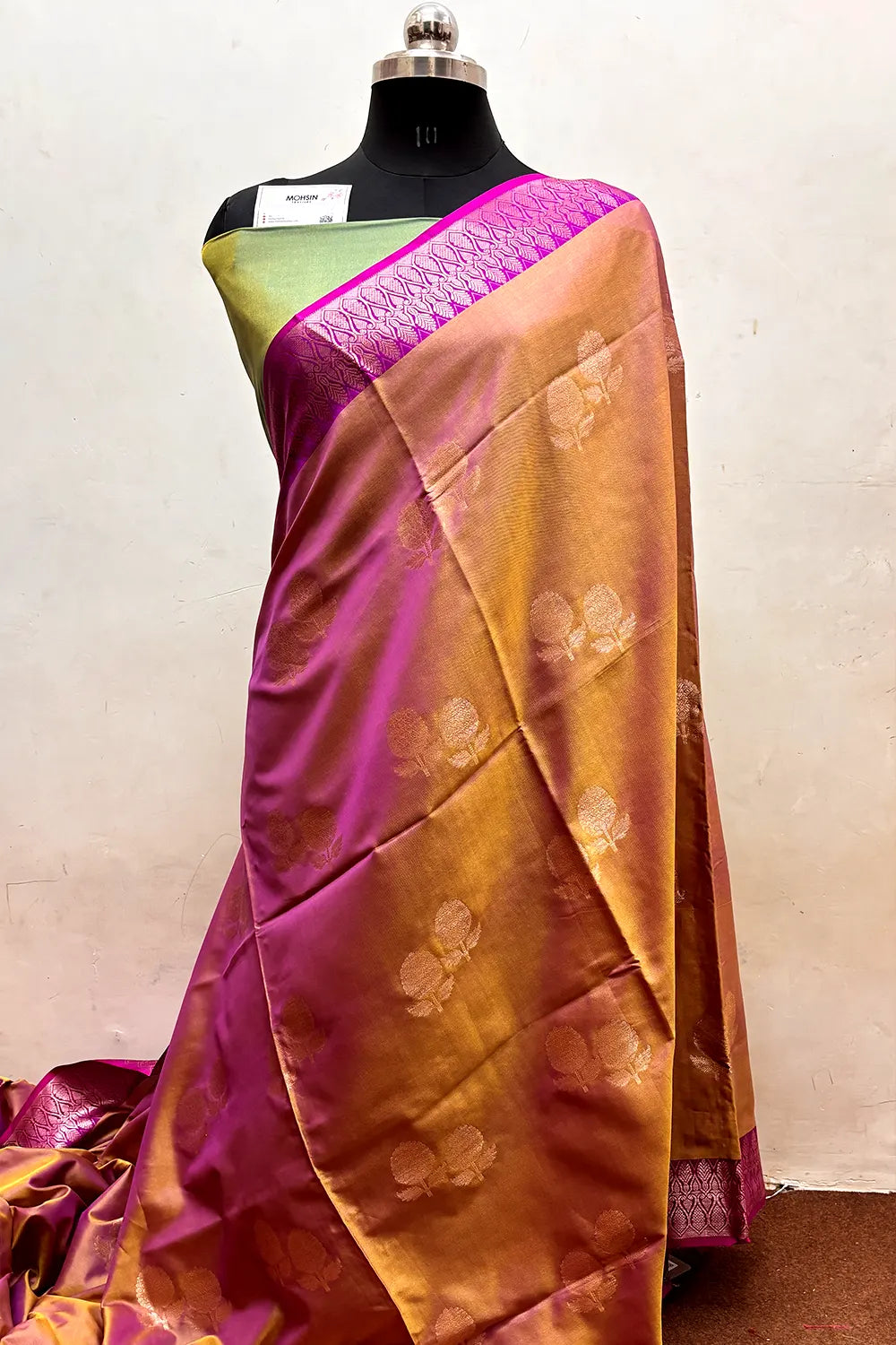Rust and Green Zari Semi Katan Silk Banarasi Saree