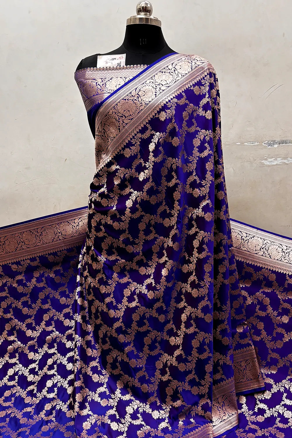 Rust Blue Mughlai Jaal Katan Silk Banarasi Saree