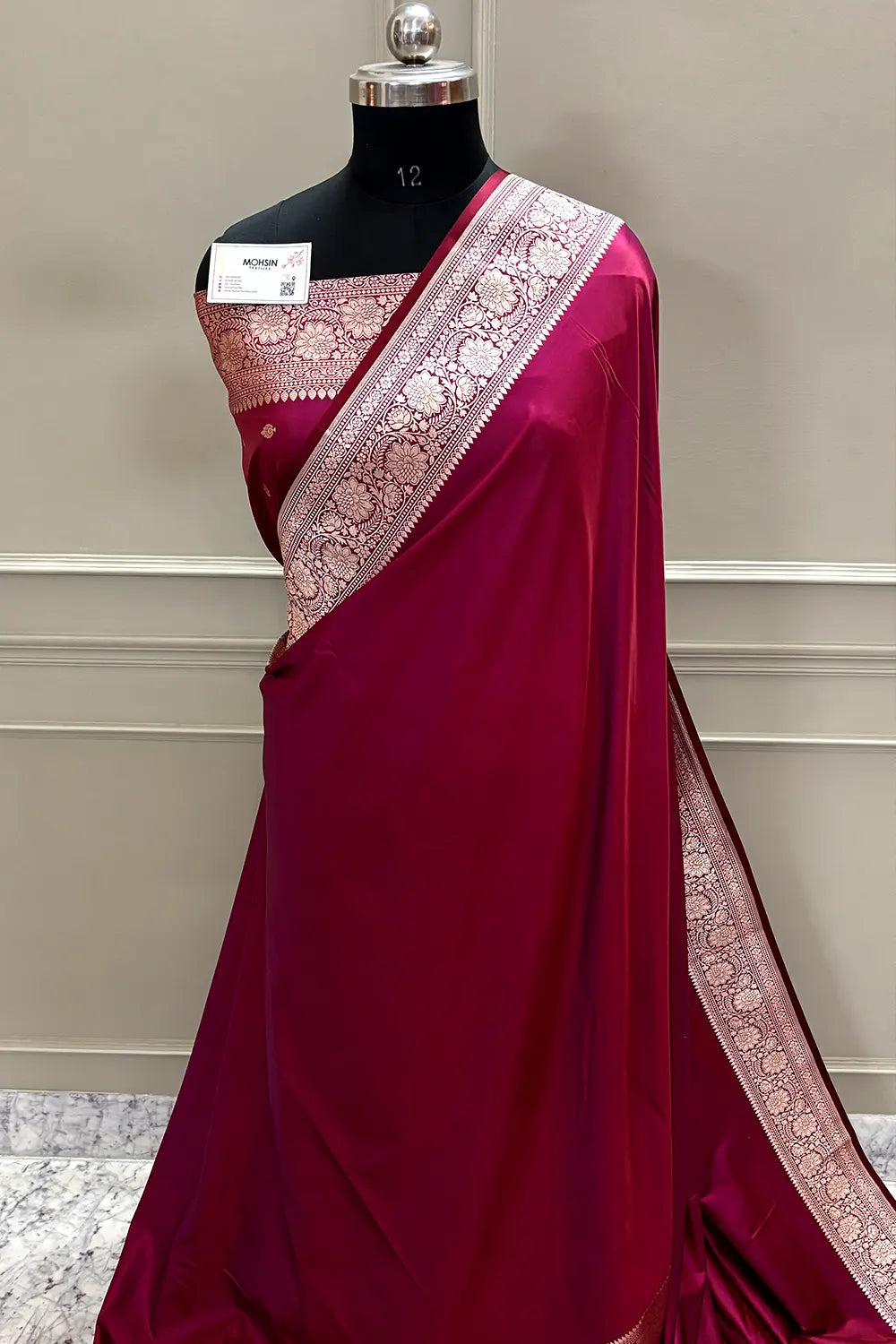 Rust Magenta Plain Zari Katan Mashru Silk Banarasi Saree