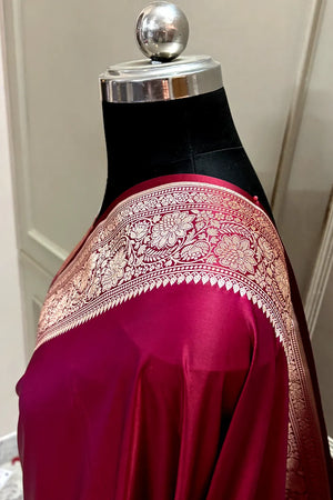 Rust Magenta Plain Zari Katan Mashru Silk Banarasi Saree