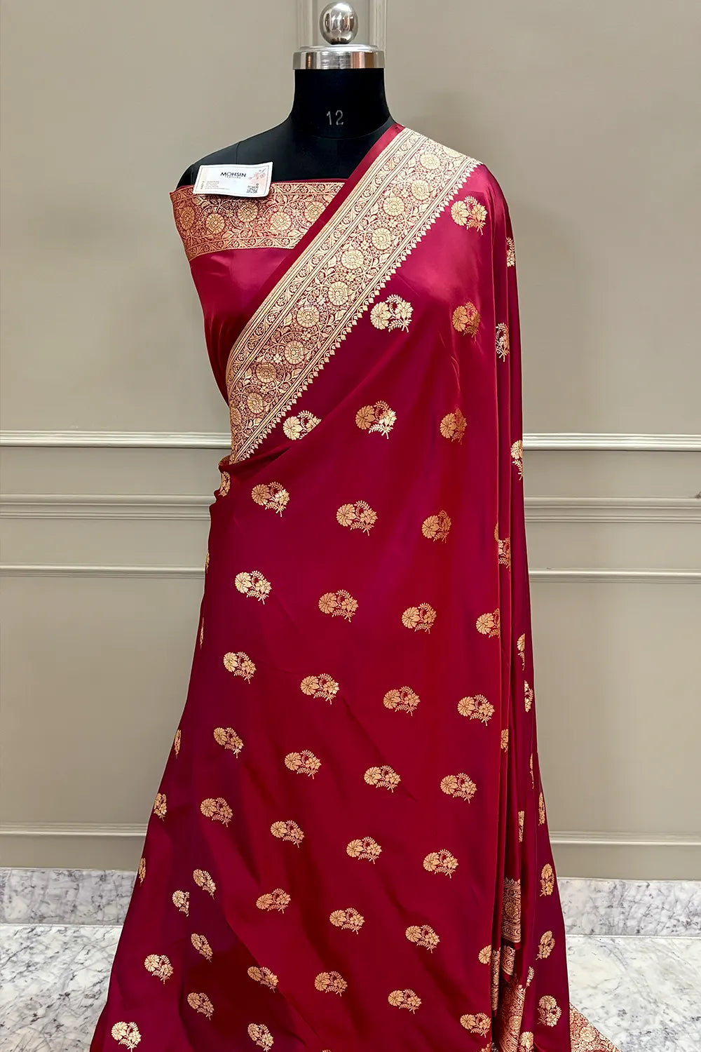 Rust Maroon Golden Flower Katan Silk Banarasi Saree