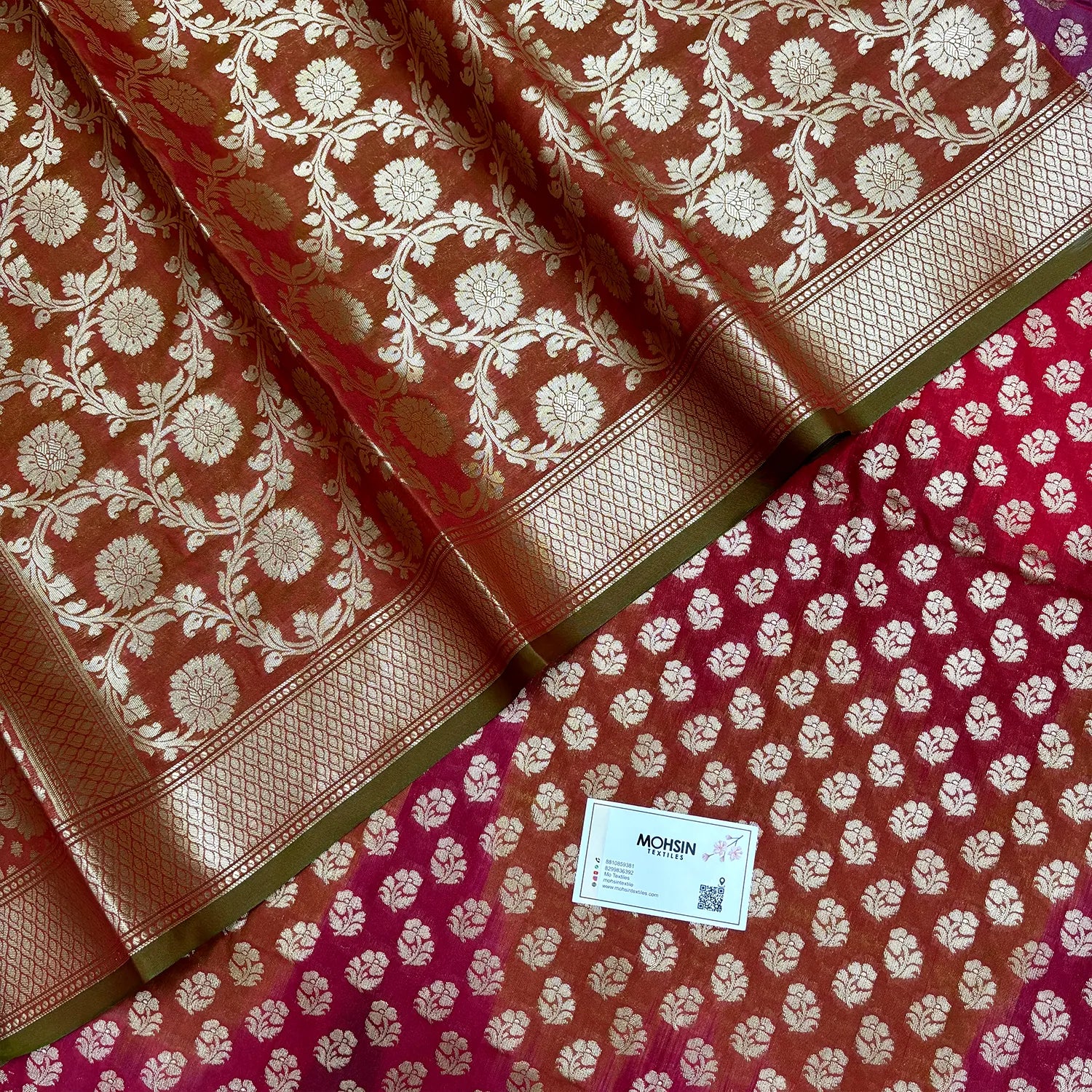 Rust Mehendi Guldaan Fool Rangkaat Katan Silk Banarasi Suit