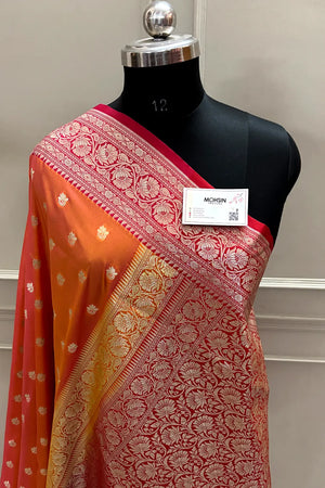 Rust Orange and Red Ghonga Buti Katan Silk Banarasi Saree