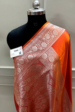 Rust Orange Plain Zari Katan Mashru Silk Banarasi Saree