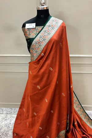 Rust Orange Zari Banarasi Silk Saree