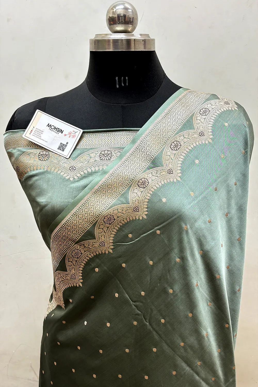 Sage Green Zari Katan Mashru Silk Banarasi Saree