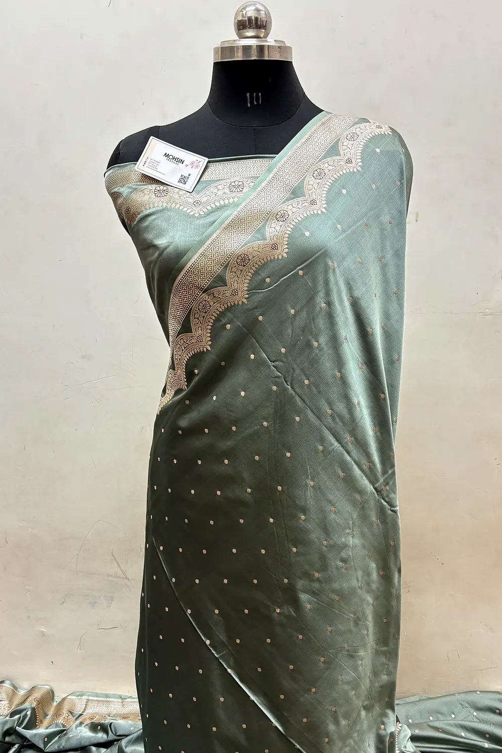 Sage Green Zari Katan Mashru Silk Banarasi Saree