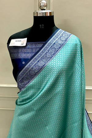 Sea Green and Navy Blue Resham Zari Banarasi Silk Saree
