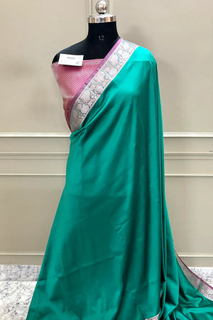 Sea Green and Pink Plain Banarasi Silk Saree