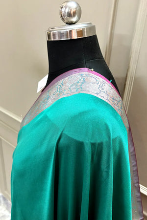 Sea Green and Pink Plain Banarasi Silk Saree