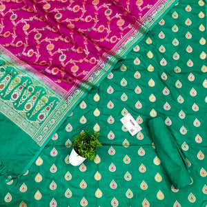 Sea Green and Pink Zari Katan Silk Banarasi Suit