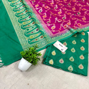 Sea Green and Pink Zari Katan Silk Banarasi Suit