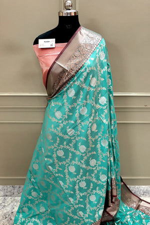 Sea Green and Red Zari Banarasi Silk Saree