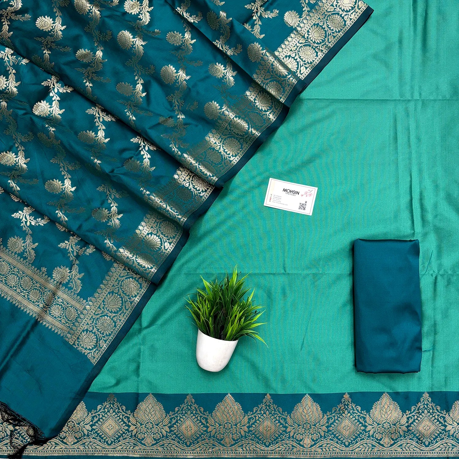 Sea Green and Teal Plain Semi Katan Silk Banarasi Silk Suit