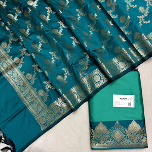 Sea Green and Teal Plain Semi Katan Silk Banarasi Silk Suit