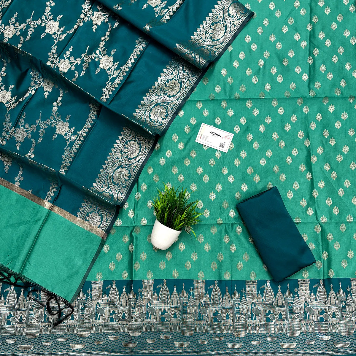 Sea Green and Teal Ghat Buti Semi Katan Silk Banarasi Suit