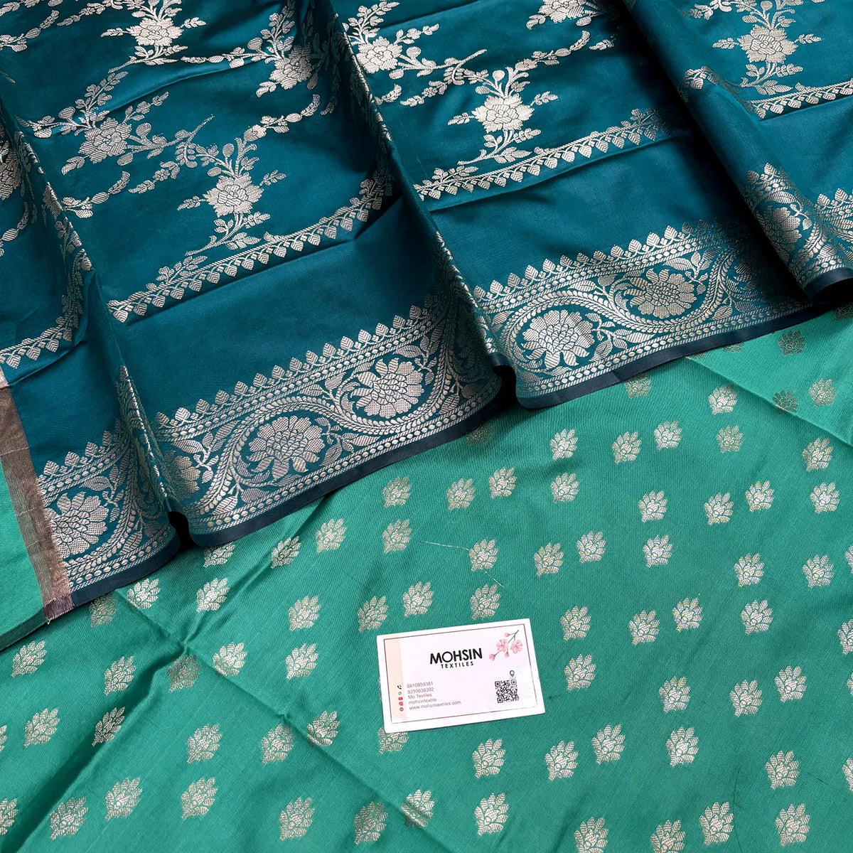 Sea Green and Teal Ghat Buti Semi Katan Silk Banarasi Suit