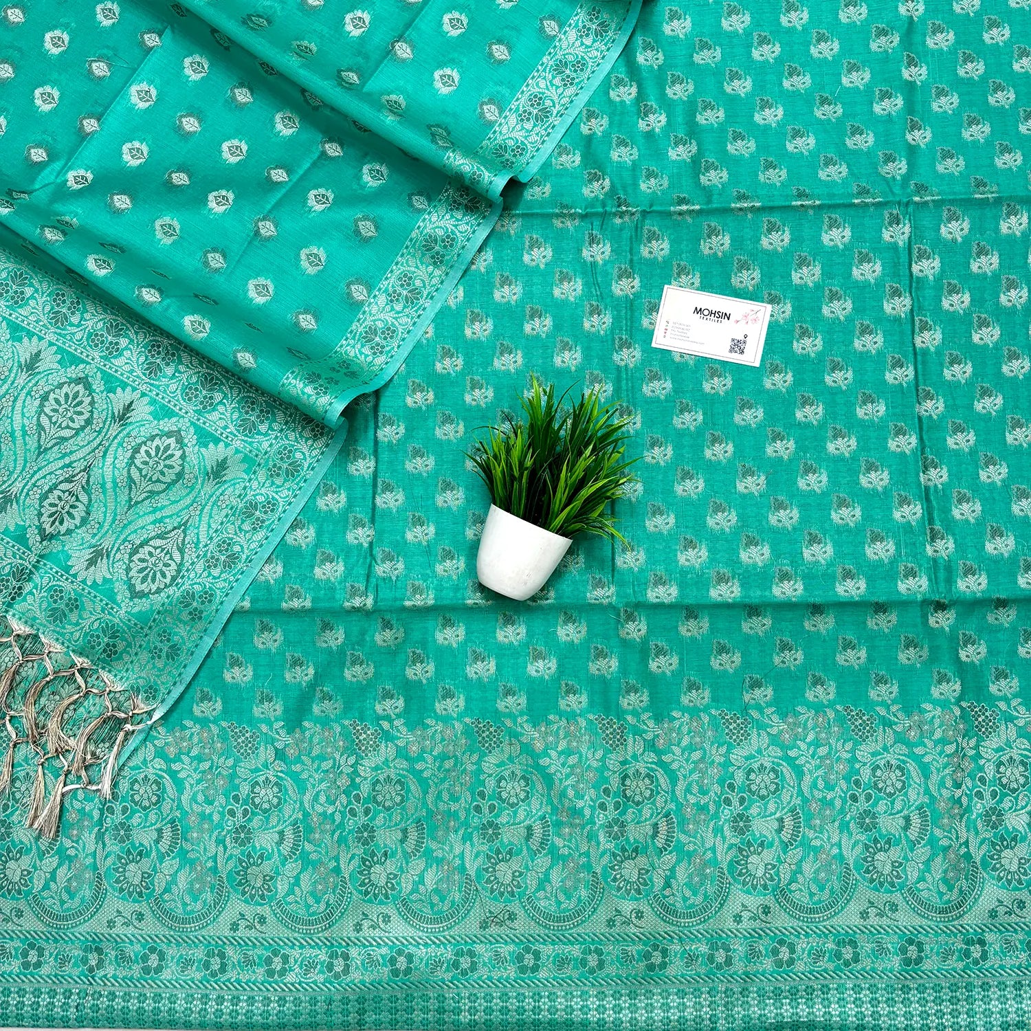 Sea Green Angoori Buti Cotton Silk Banarasi Suit