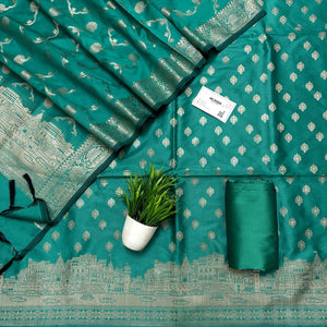 Sea Green Assi Ghat Mandir Semi Katan Silk Banarasi Suit