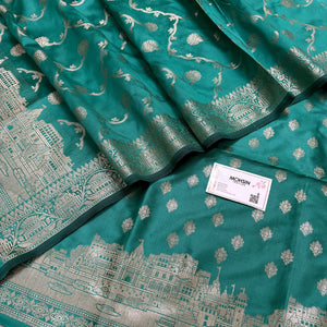 Sea Green Assi Ghat Mandir Semi Katan Silk Banarasi Suit
