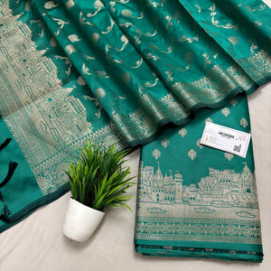 Sea Green Assi Ghat Mandir Semi Katan Silk Banarasi Suit